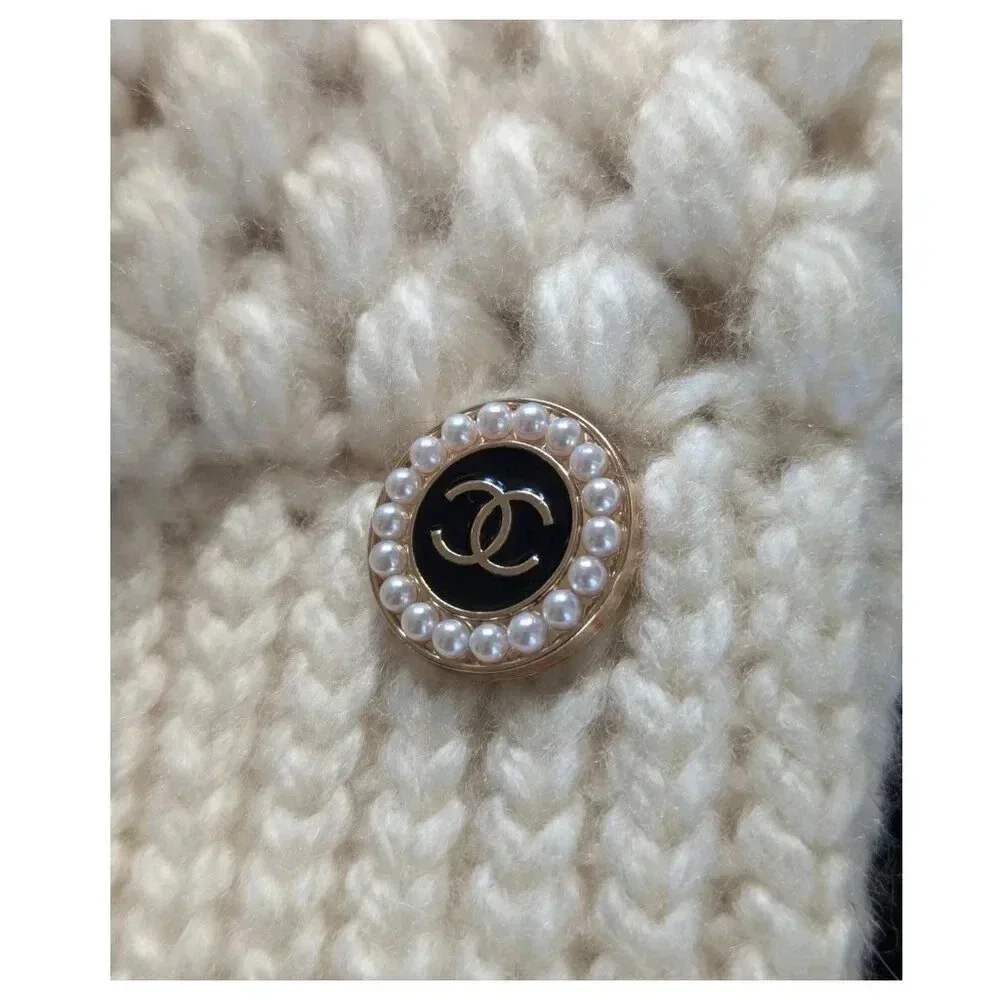 HANDMADE Crochet Cream Ponytail Beanie w/ Authentic Chanel Accent Button